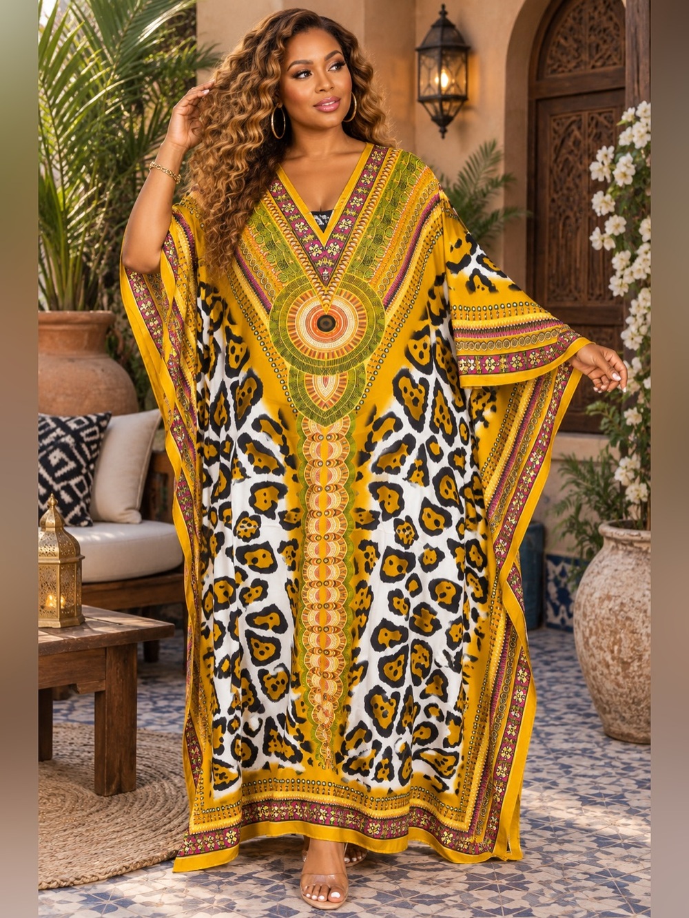 Plus-Size Yellow Leopard Print V-Neck Kaftan Maxi Dress